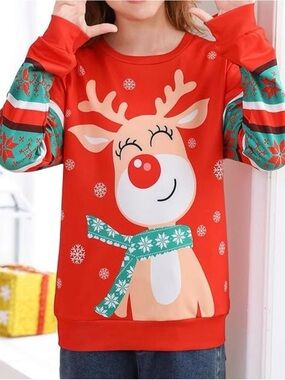 Kids Red Reindeer Long Sleeve Tee/Sweat 
NWT XL 
For Girls or Boys 🧑‍🎄💚🎁🤶🏻❤️🎄